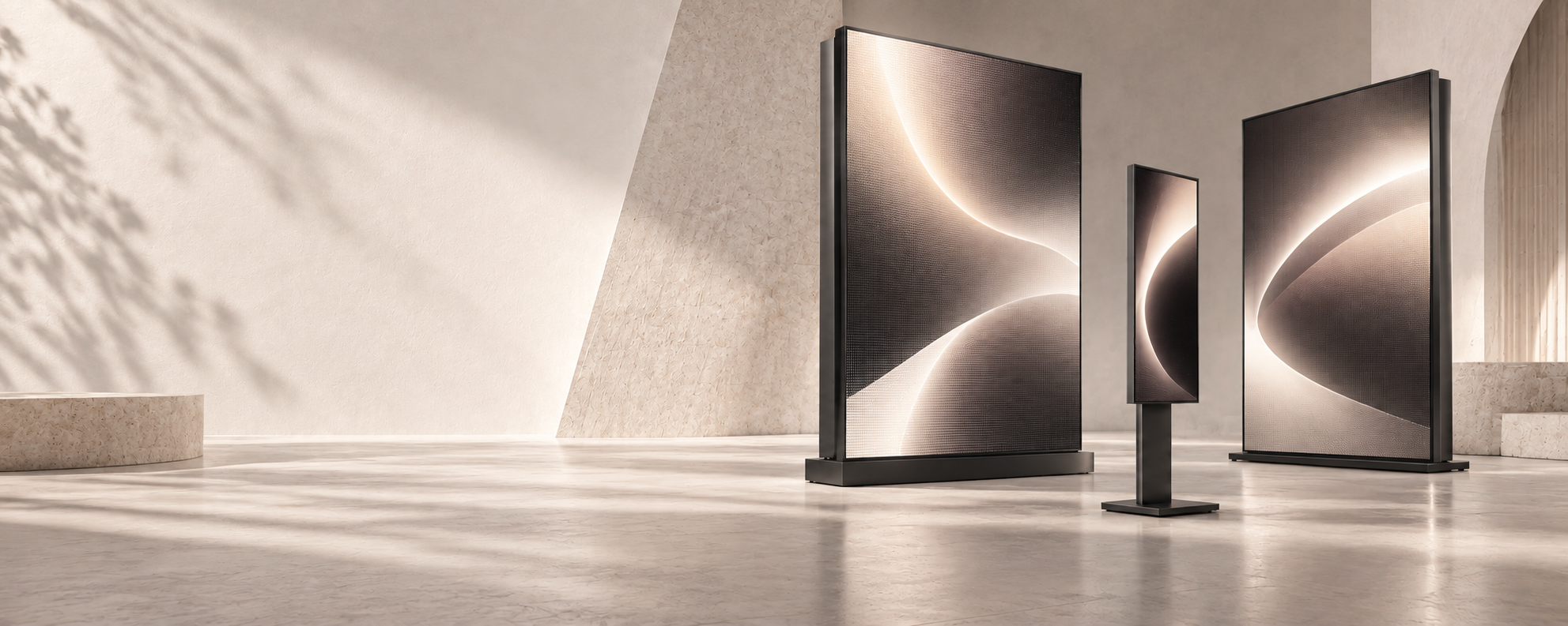 Three refined digital LED signage displays in a warm architectural studio